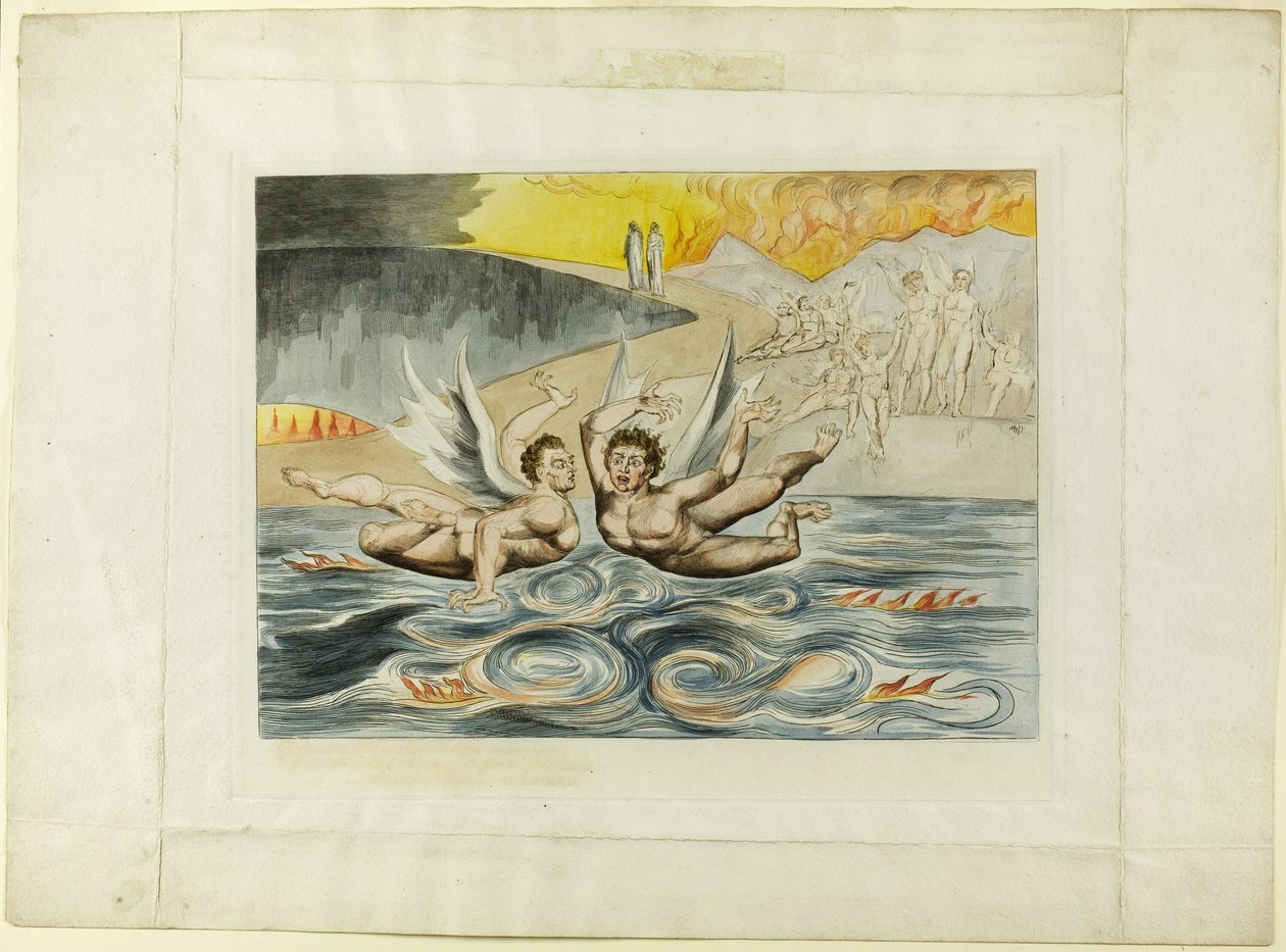 Kredsen af de korrupte embedsmænd; djævle, der knuger hinanden. Inferno, canto XXII. af William Blake