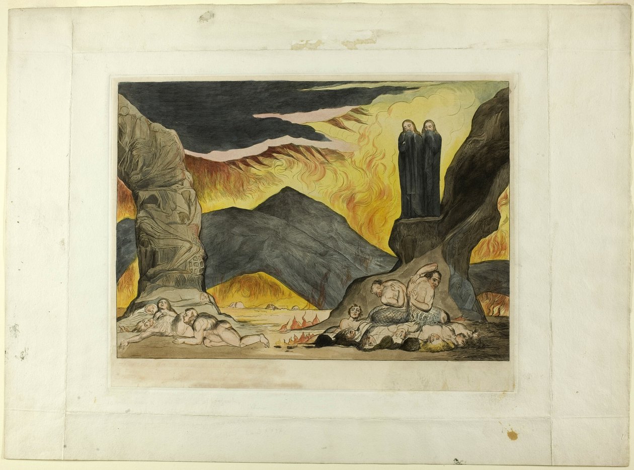 Forfalskernes cirkel: Dante og Virgil dækker deres næser på grund af stanken. Inferno, canto XXIX af William Blake