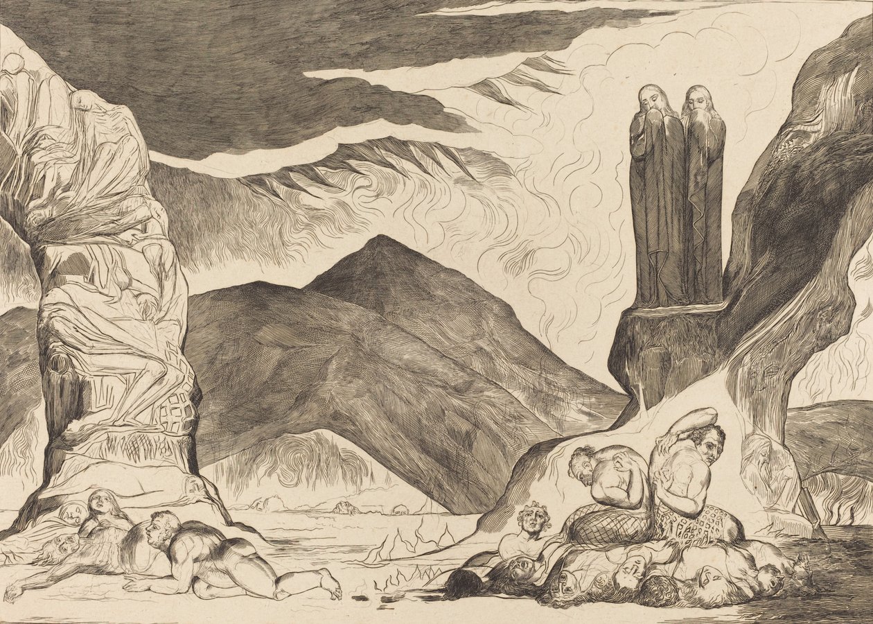 The Circle of the Falsifiers: Dante og Virgil, der dækker deres næser på grund af stanken, 1827. af William Blake