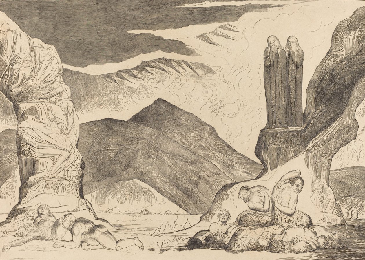 The Circle of the Falsifiers: Dante og Virgil, der dækker deres næser på grund af stanken, 1827. af William Blake