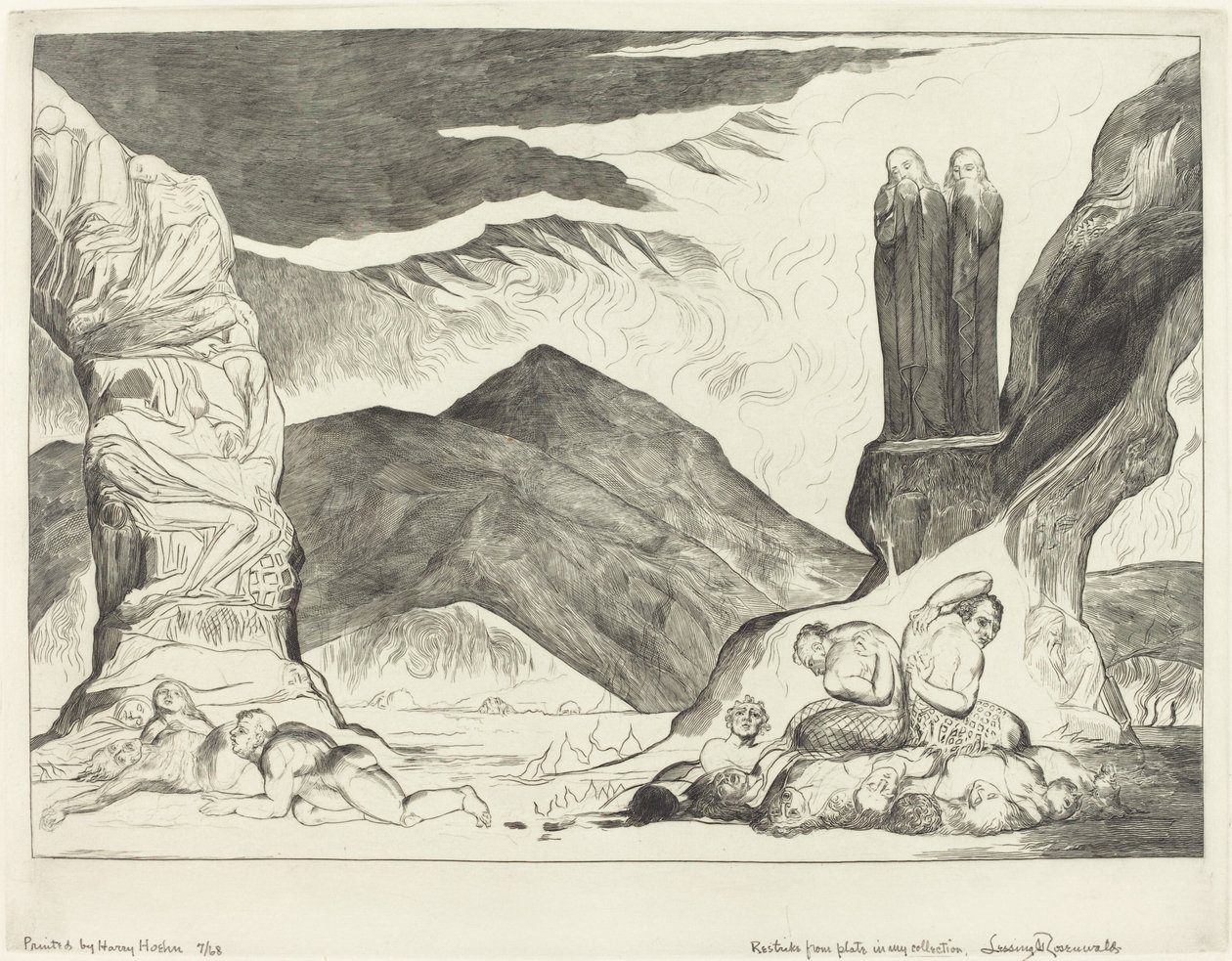 Forfalskernes Kreds; Dante og Virgil dækker deres næser på grund af stanken af William Blake