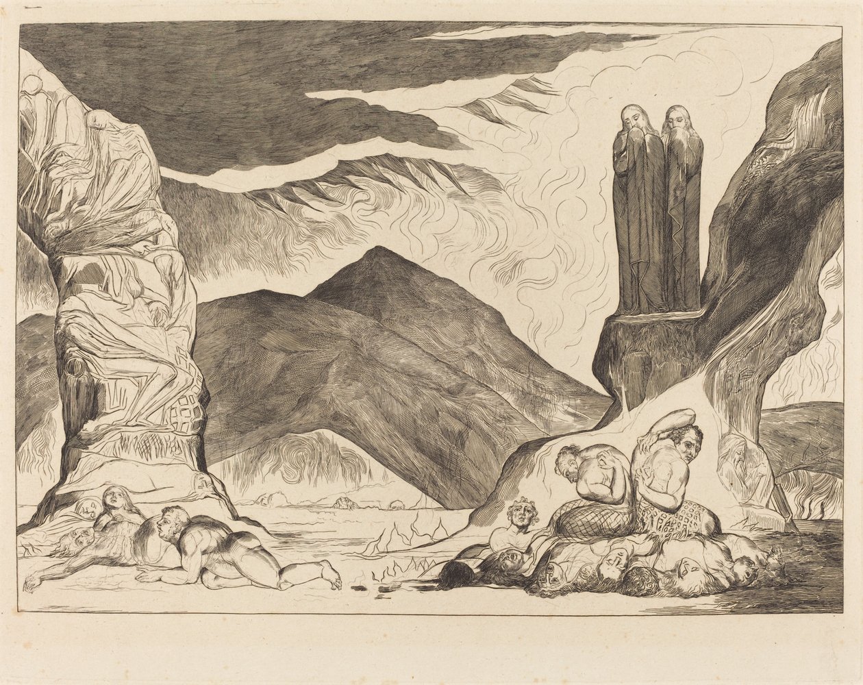 The Circle of the Falsifiers: Dante og Virgil, der dækker deres næser på grund af st af William Blake
