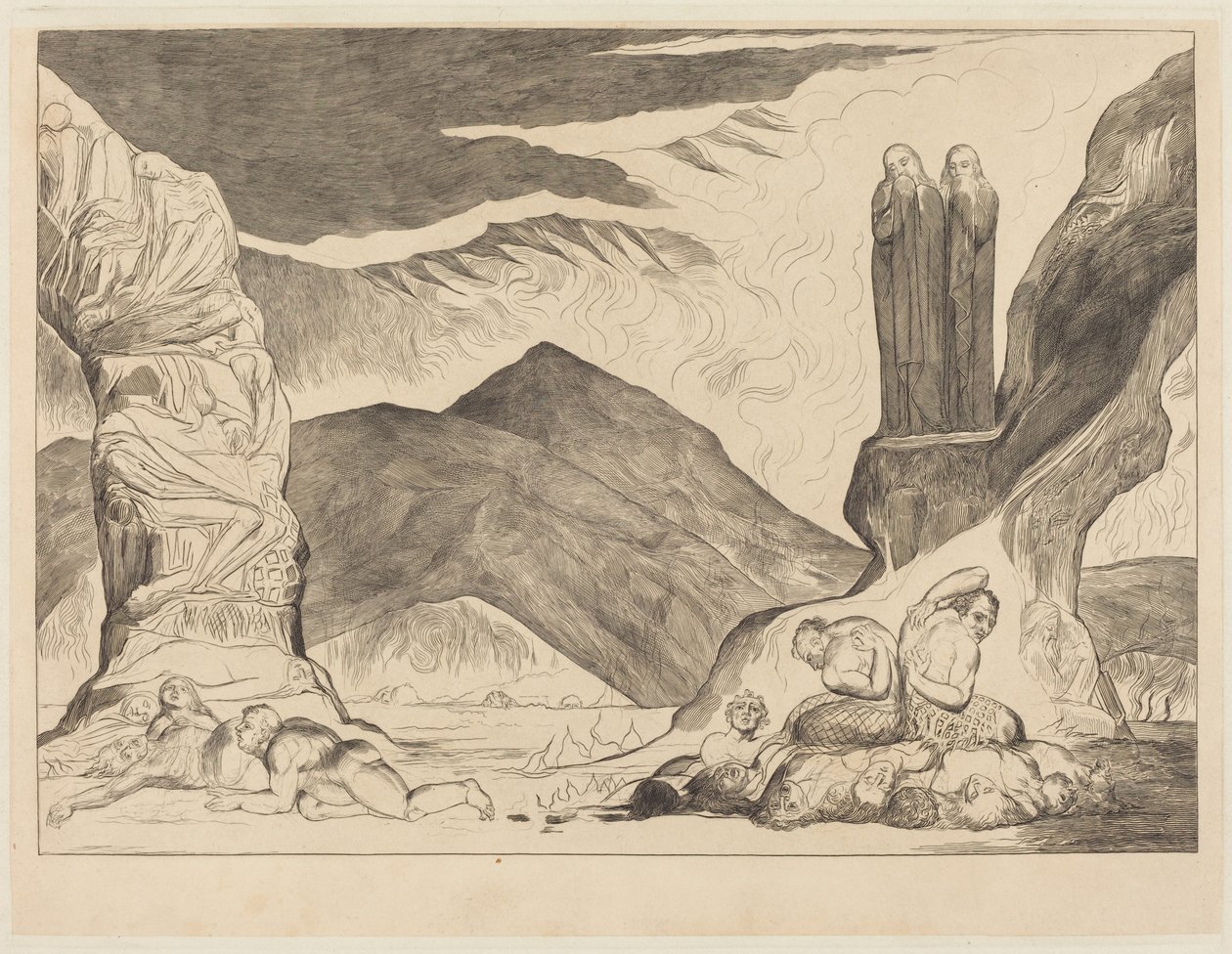 Forfalskernes cirkel: Dante og Vergil holder sig for næsen på grund af st af William Blake