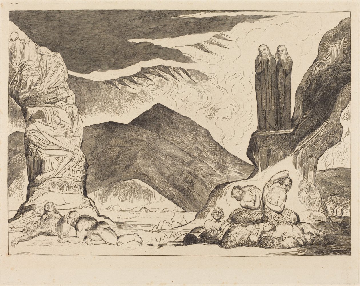 Forfalskernes kreds: Dante og Vergil dækker deres næser på grund af stanken af William Blake