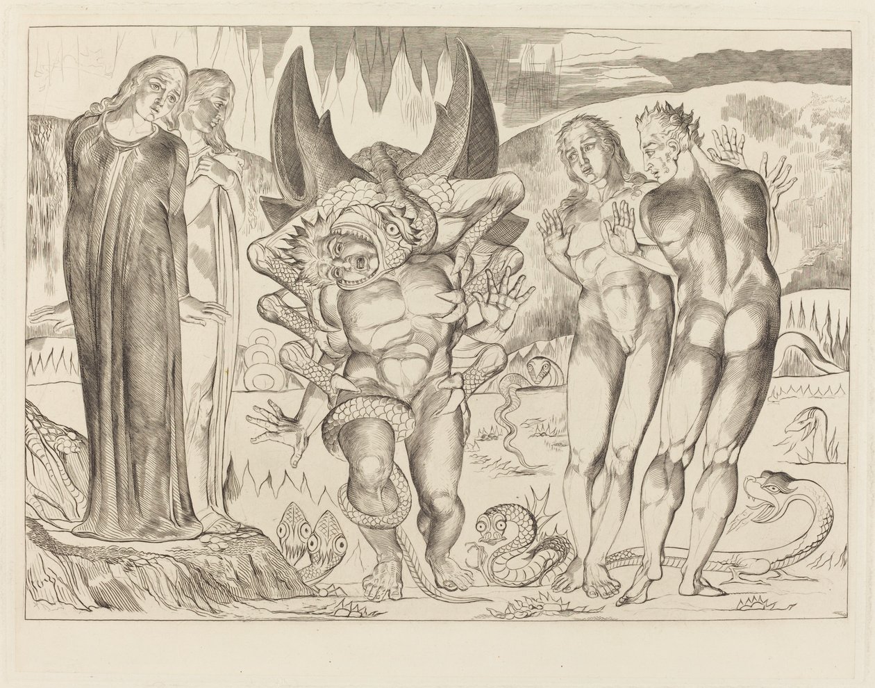 Tyvenes Kreds; Agnolo Brunelleschi angrebet af en seksfodet slange af William Blake