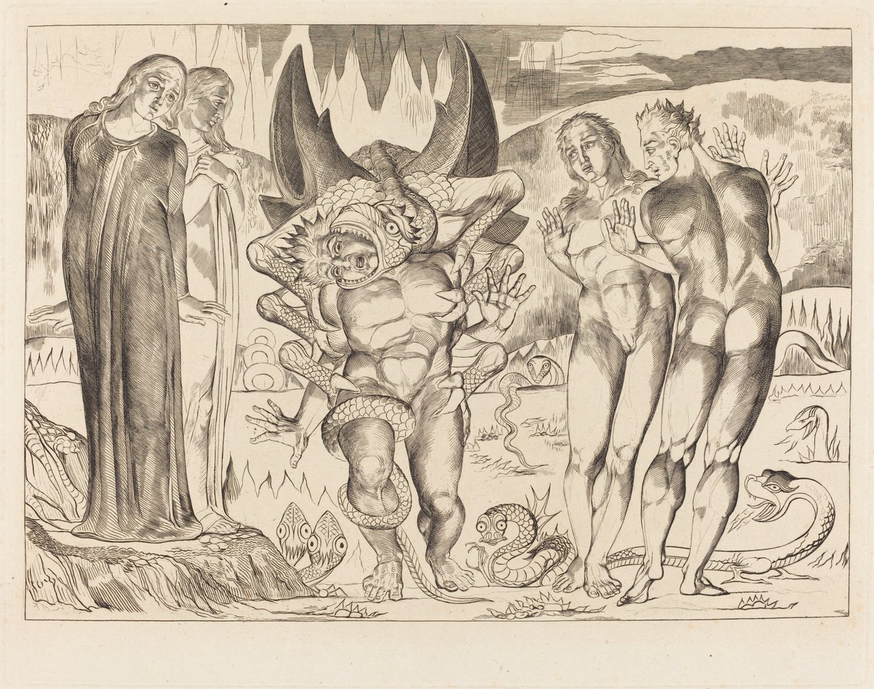 Tyvenes Kreds; Agnolo Brunelleschi angrebet af en seksfodet slange af William Blake