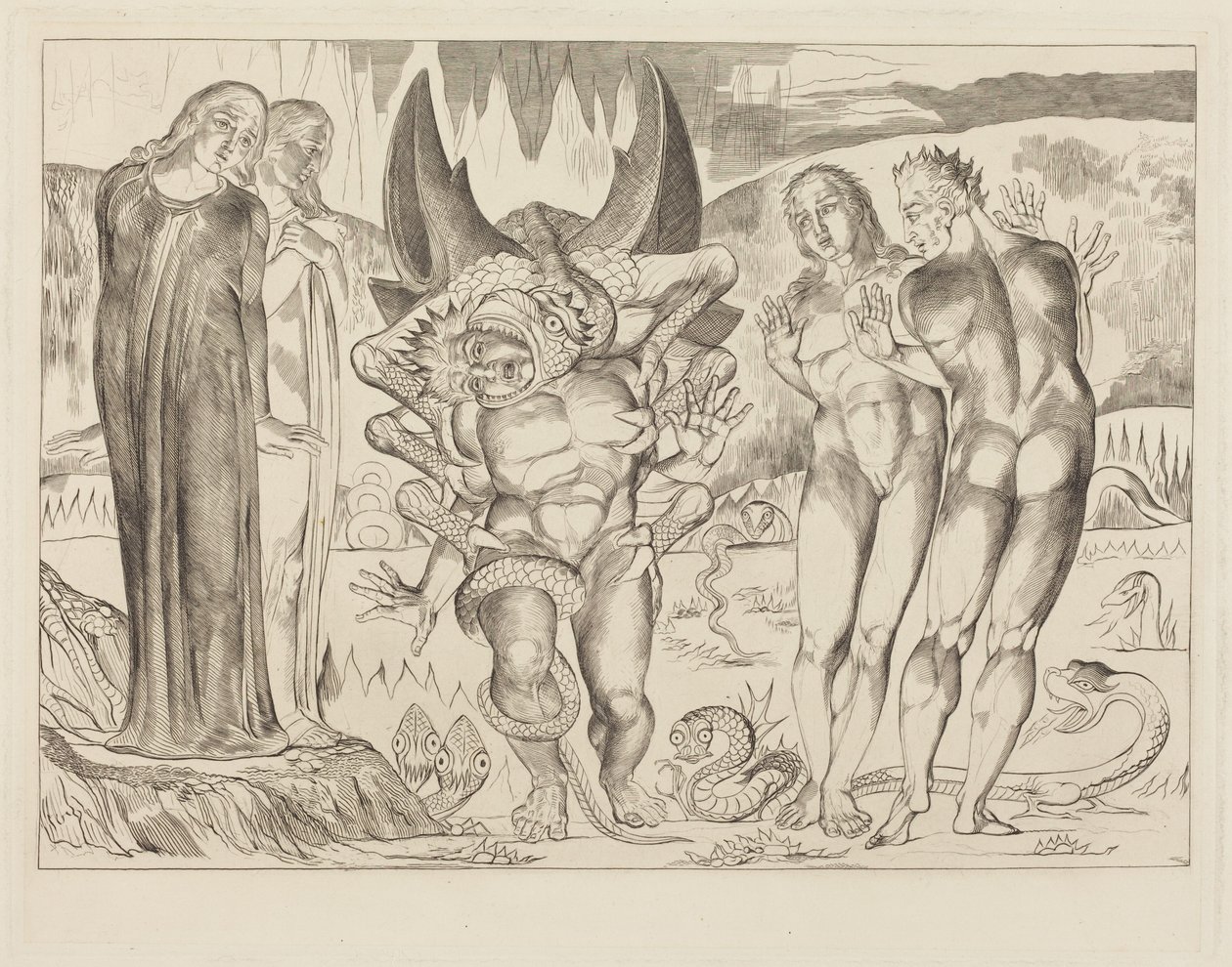 Tyvenes kreds; Agnolo Brunelleschi angrebet af en seksbenet slange af William Blake