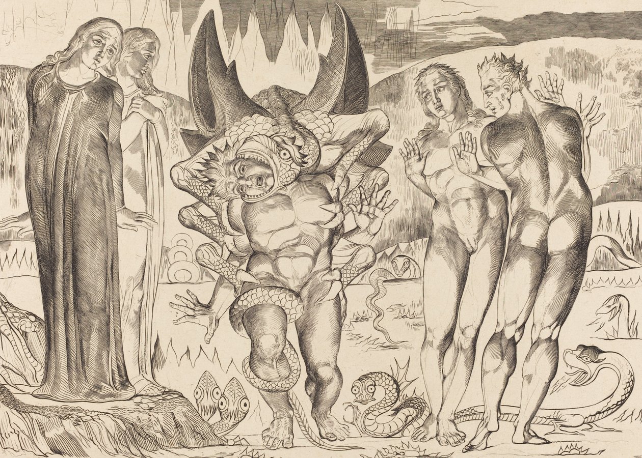 Tyvenes kreds, Agnolo Brunelleschi angrebet af en seksfodet slange, 1827. af William Blake