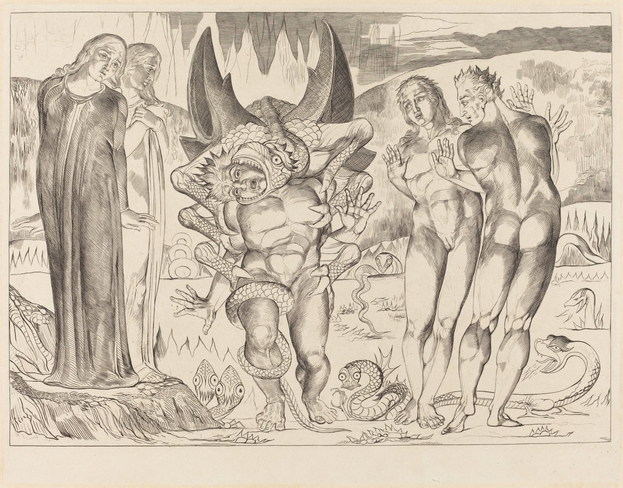 Tyvenes kreds, Agnolo Brunelleschi angrebet af en seksfodet slange, 1827. af William Blake