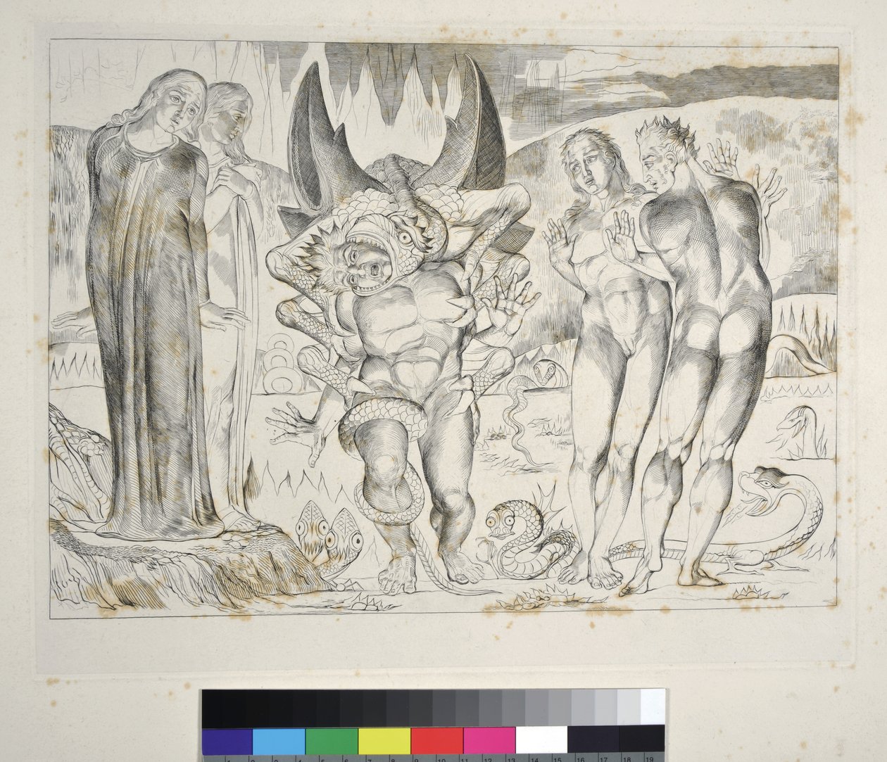 Tyvenes kreds: Agnolo Brunelleschi angrebet af en seksfodet slange-inferno, Canto XXV, illustration til 