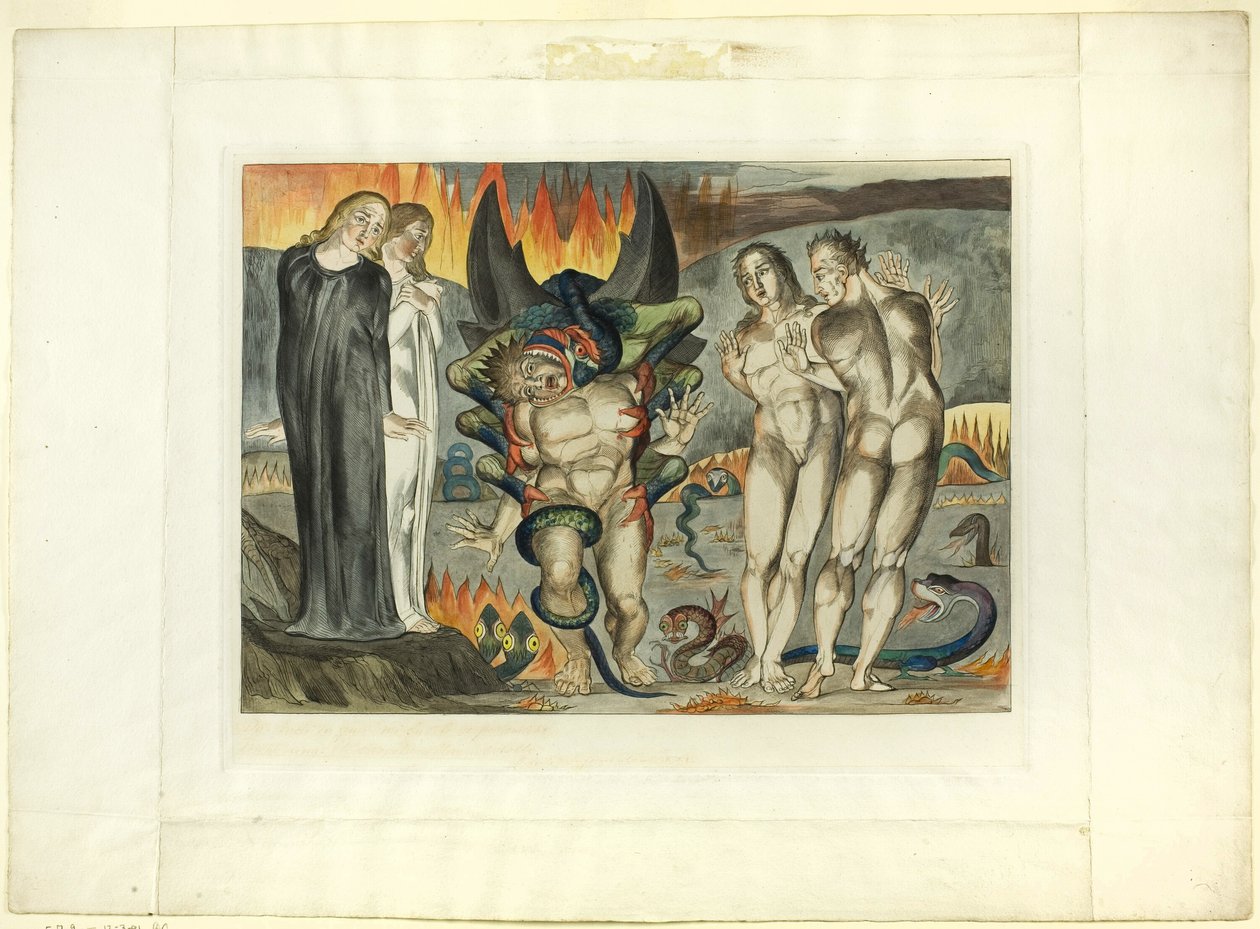 Tyvens cirkel; Agnolo Brunelleschi angrebet af en seks-fods slange. Inferno, Canto XXV af William Blake