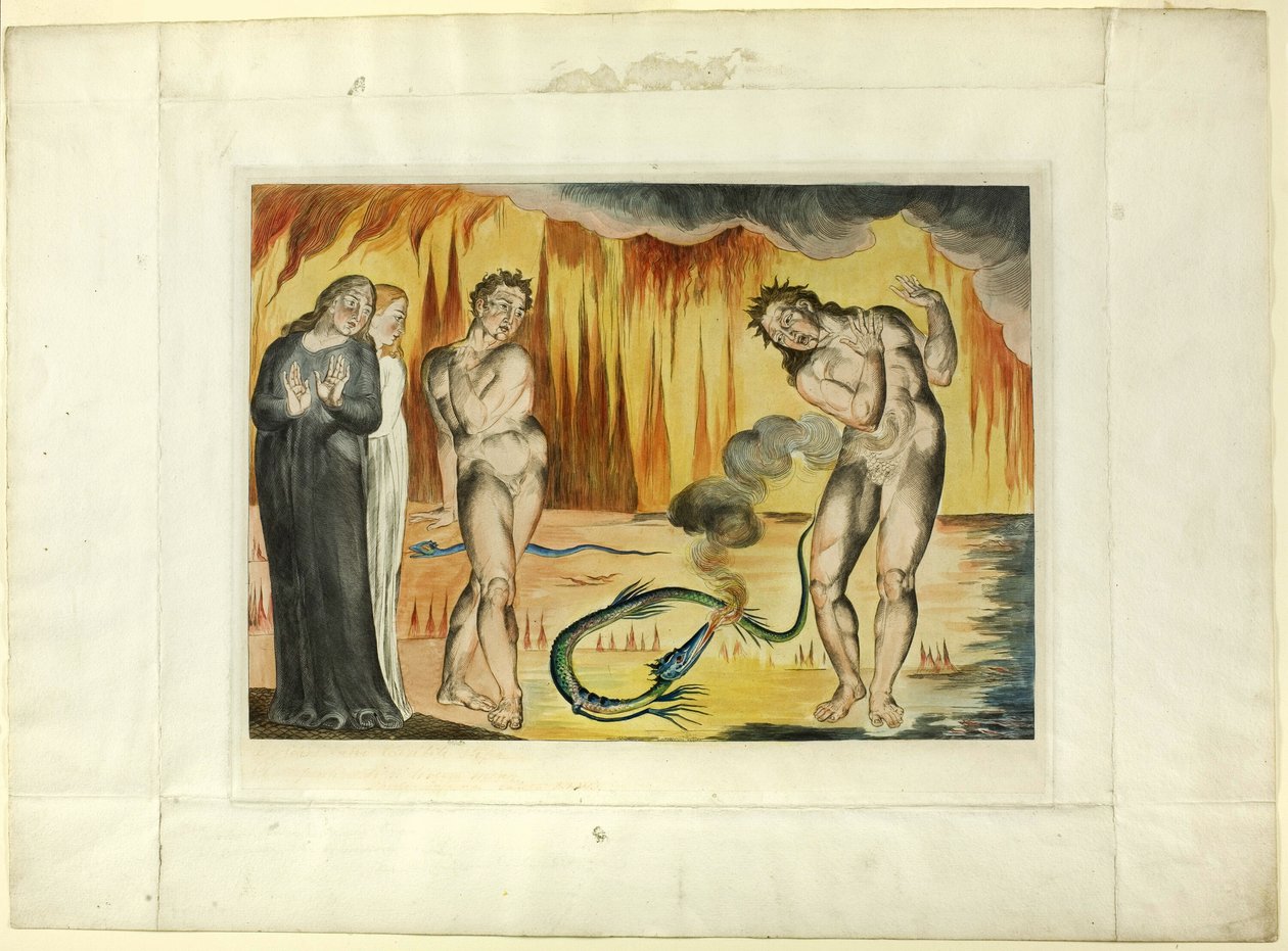 Tyvenes Kreds; Buoso Donati angrebet af slangen. Inferno, canto XXV af William Blake