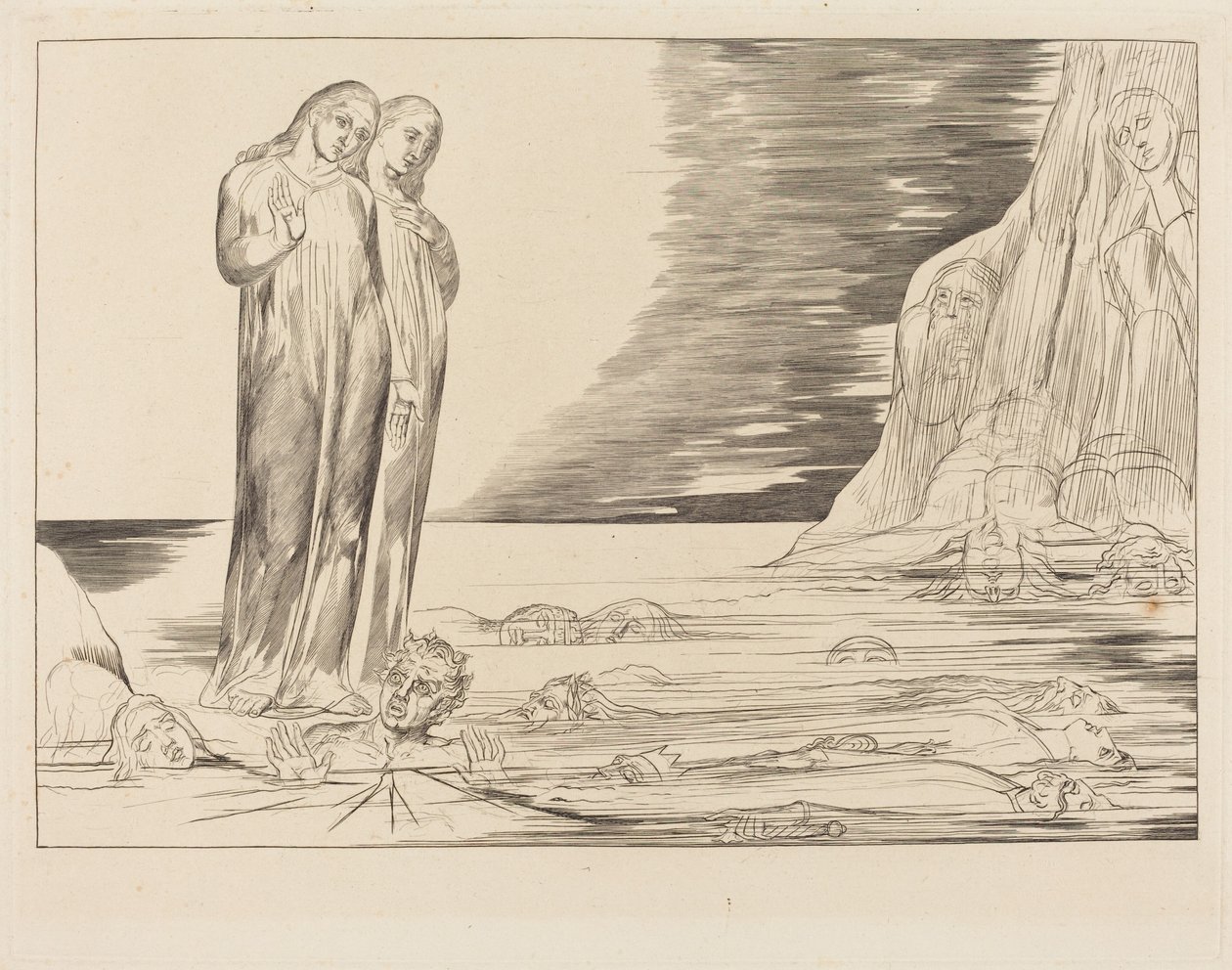 Forrædernes kreds; Dantes fod rammer Bocca degli Abbate af William Blake