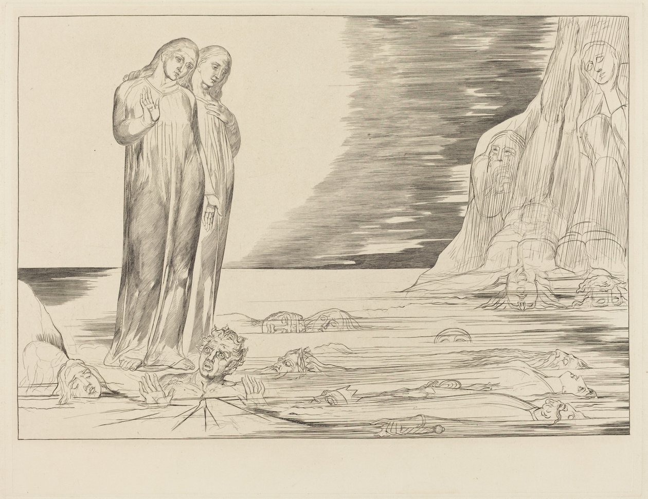 Forrædernes kreds; Dantes fod rammer Bocca degli Abbate af William Blake