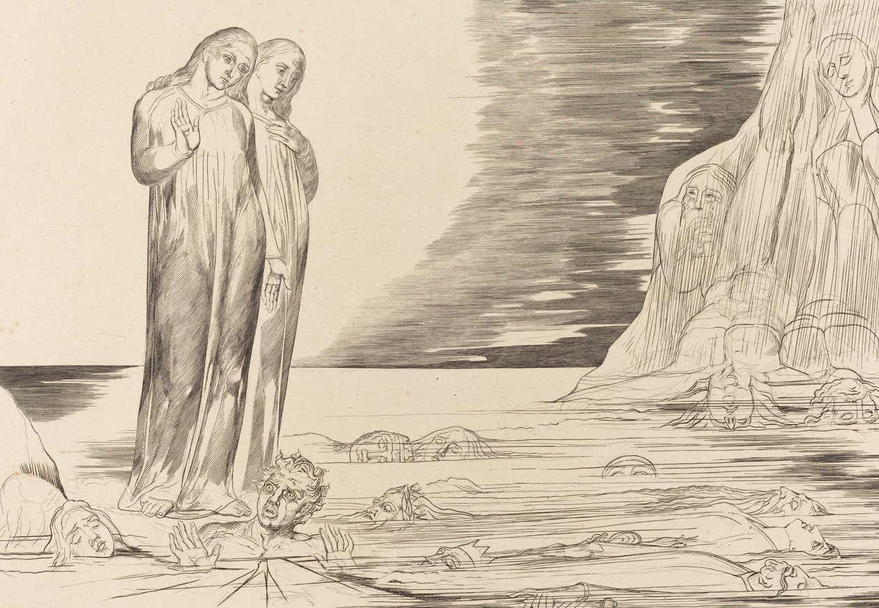Forrædernes cirkel, Dantes fod, der slår Bocca Degli Abbate, 1827. af William Blake