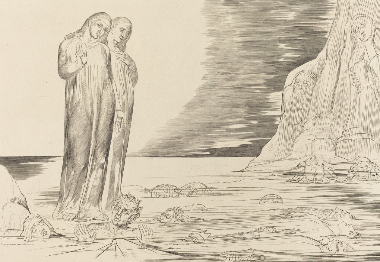 Forrædernes cirkel, Dantes fod slår Bocca degli Abbate, 1827. af William Blake