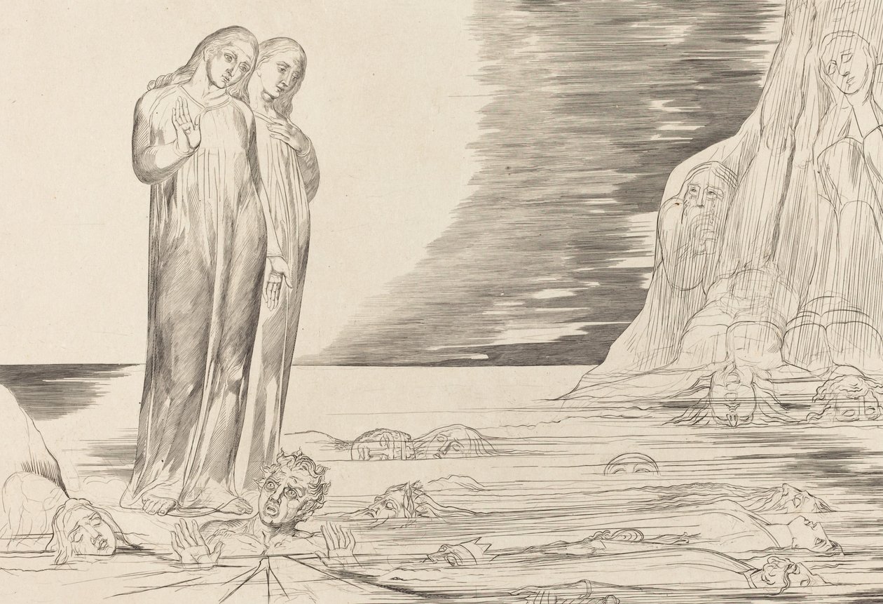 Forrædernes cirkel, Dantes fod slår Bocca degli Abbate, 1827. af William Blake