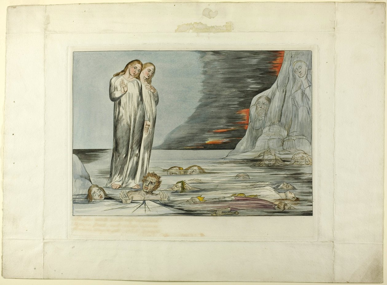 Forrædernes cirkel; Dantes fod rammer Bocca degli Abbate. Inferno, sang XXXII af William Blake