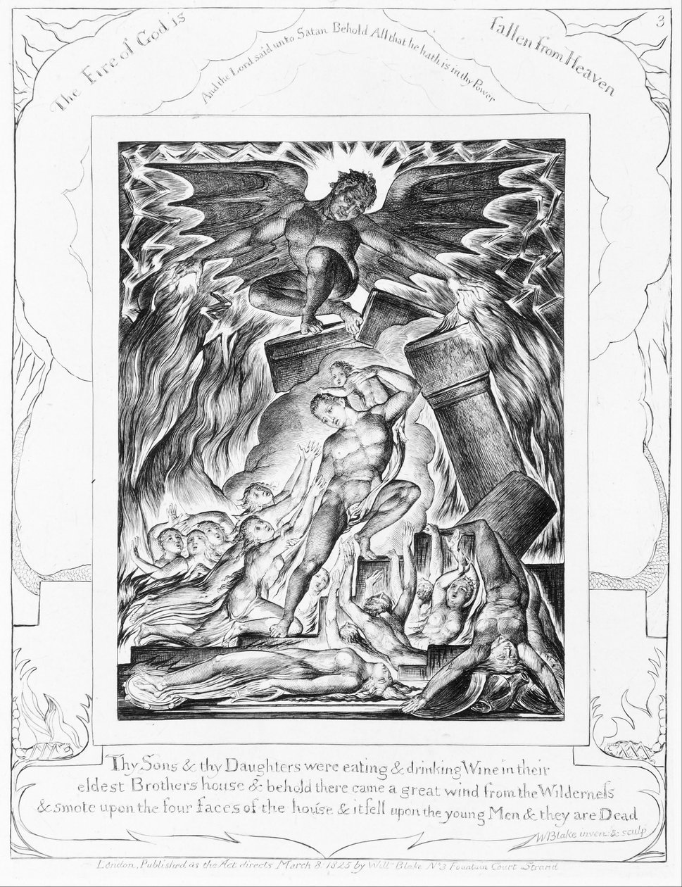 Jobs sønners tilintetgørelse, tavle 3 fra „Illustrationer til Jobs Bog“ af William Blake