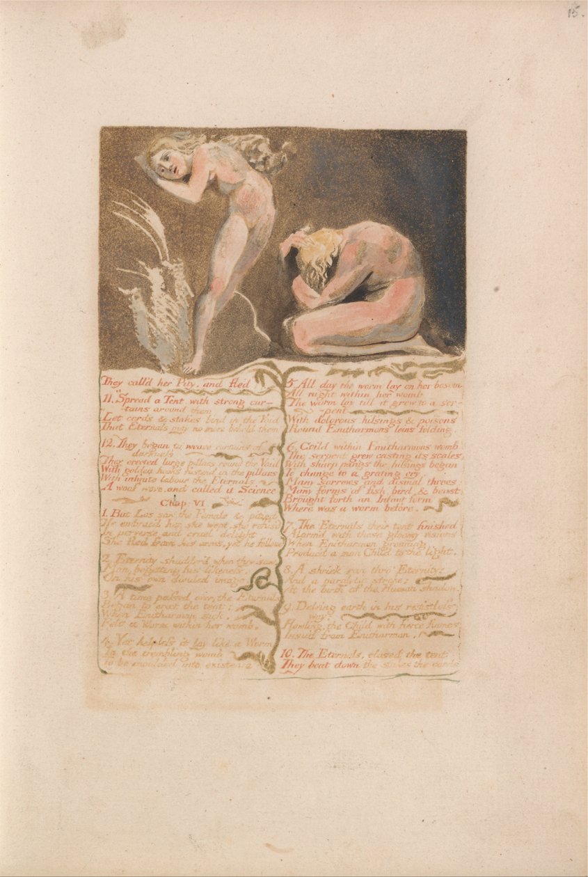 Den første bog af Urizen, plade 19, de kaldte hende medlidenhed og fløj .... (Bentley 19) af William Blake