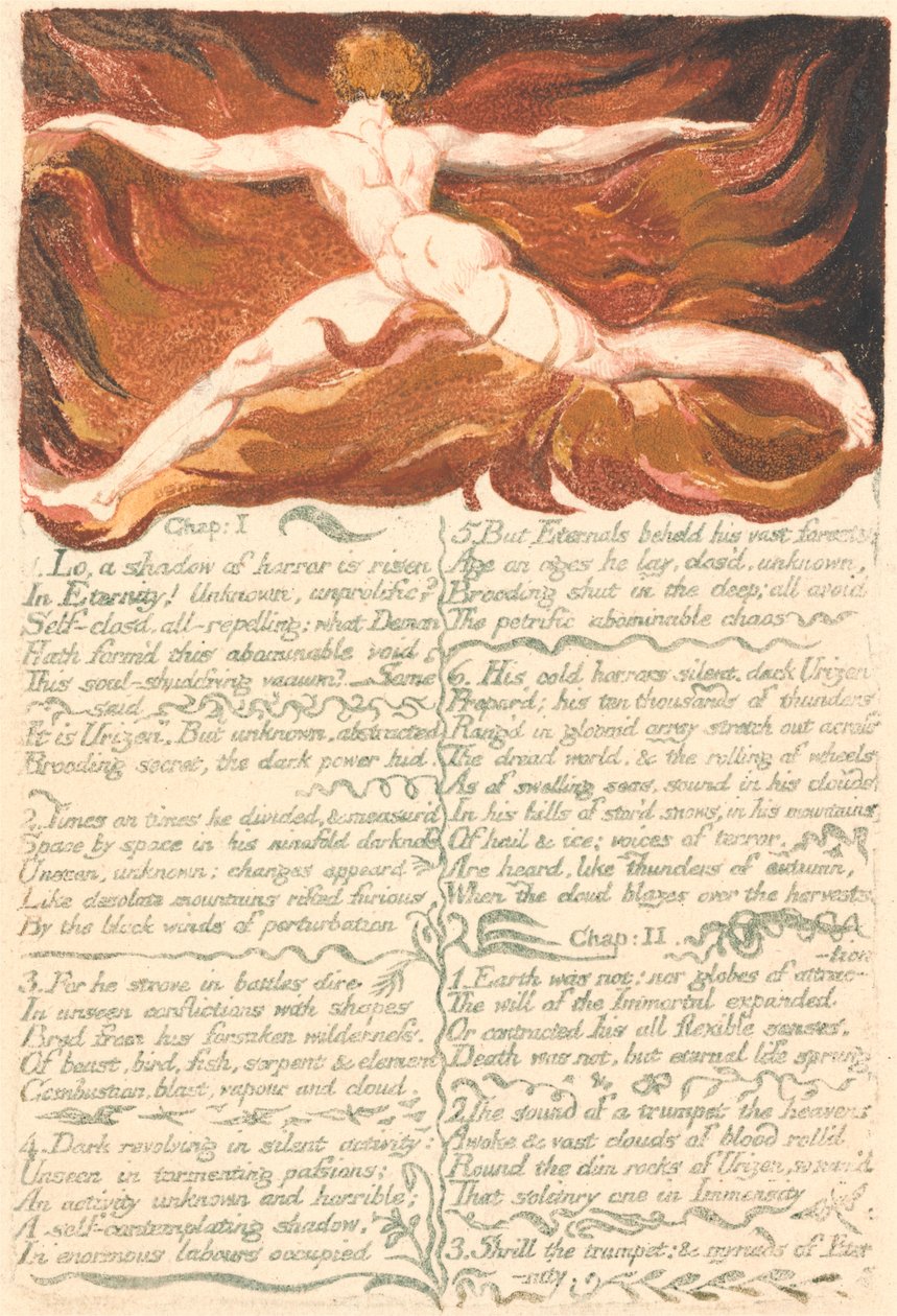 Urizens første bog, plade 3, "Kapitel: 1 . . . ." (Bentley 3) af William Blake