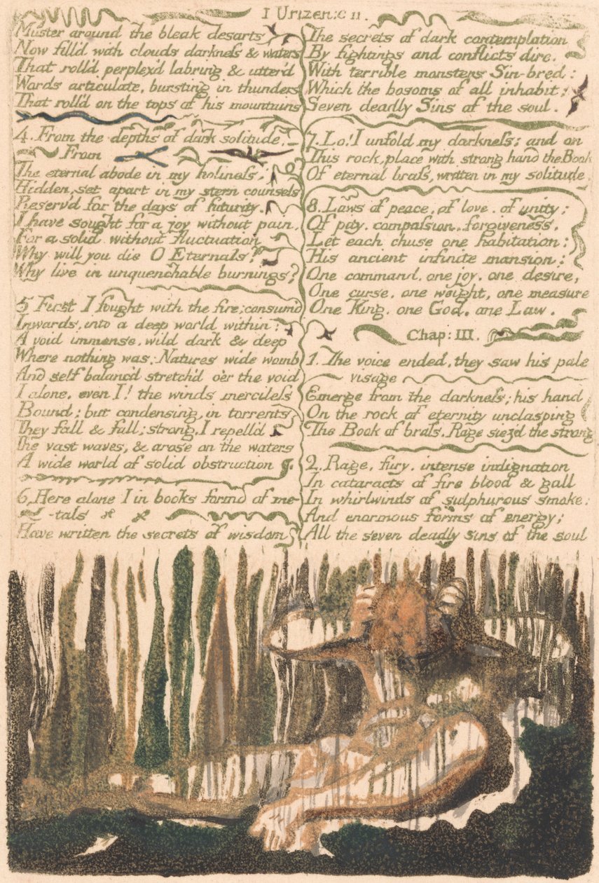 The First Book of Urizen, Plade 4, "Mønstre rundt i de dystre ørkener ...." (Bentley 4) af William Blake