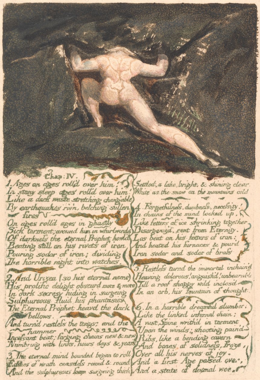 The First Book of Urizen, Plade 9, "Kapitel: IV | 1 Aldre på evigheder rullede over ham . . . ." (Bentley 10) af William Blake