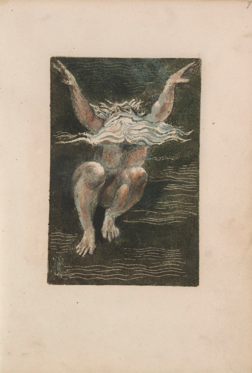The First Book of Urizen, pl.7 (En nøgen mand med et flydende hvidt skæg, der ser ud til at rejse sig på dybt vand) 1794 (farvetrykt relief radering med wc) af William Blake