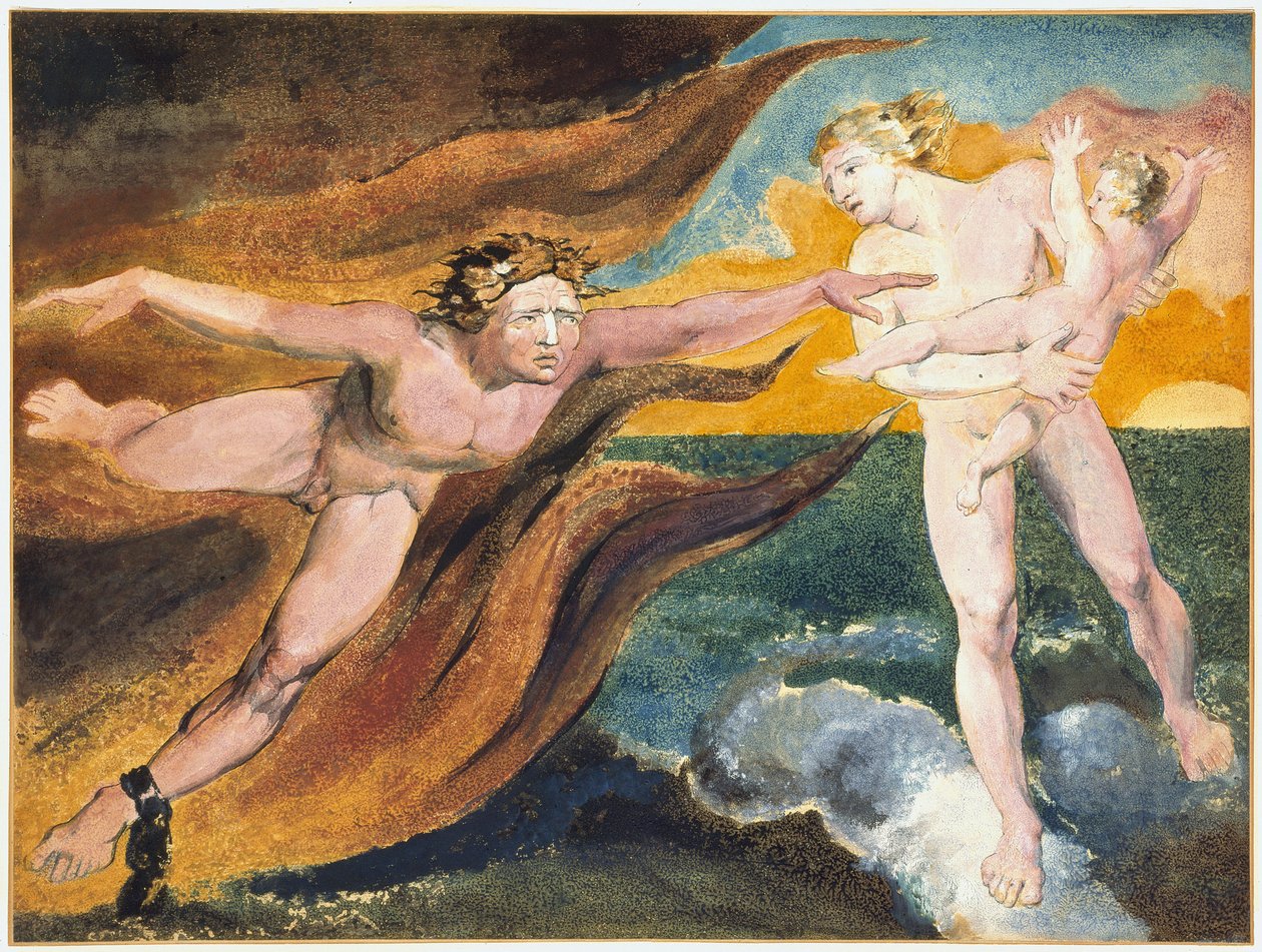 De gode og onde engle kæmper for besiddelse af et barn af William Blake (1757-1827) af William Blake
