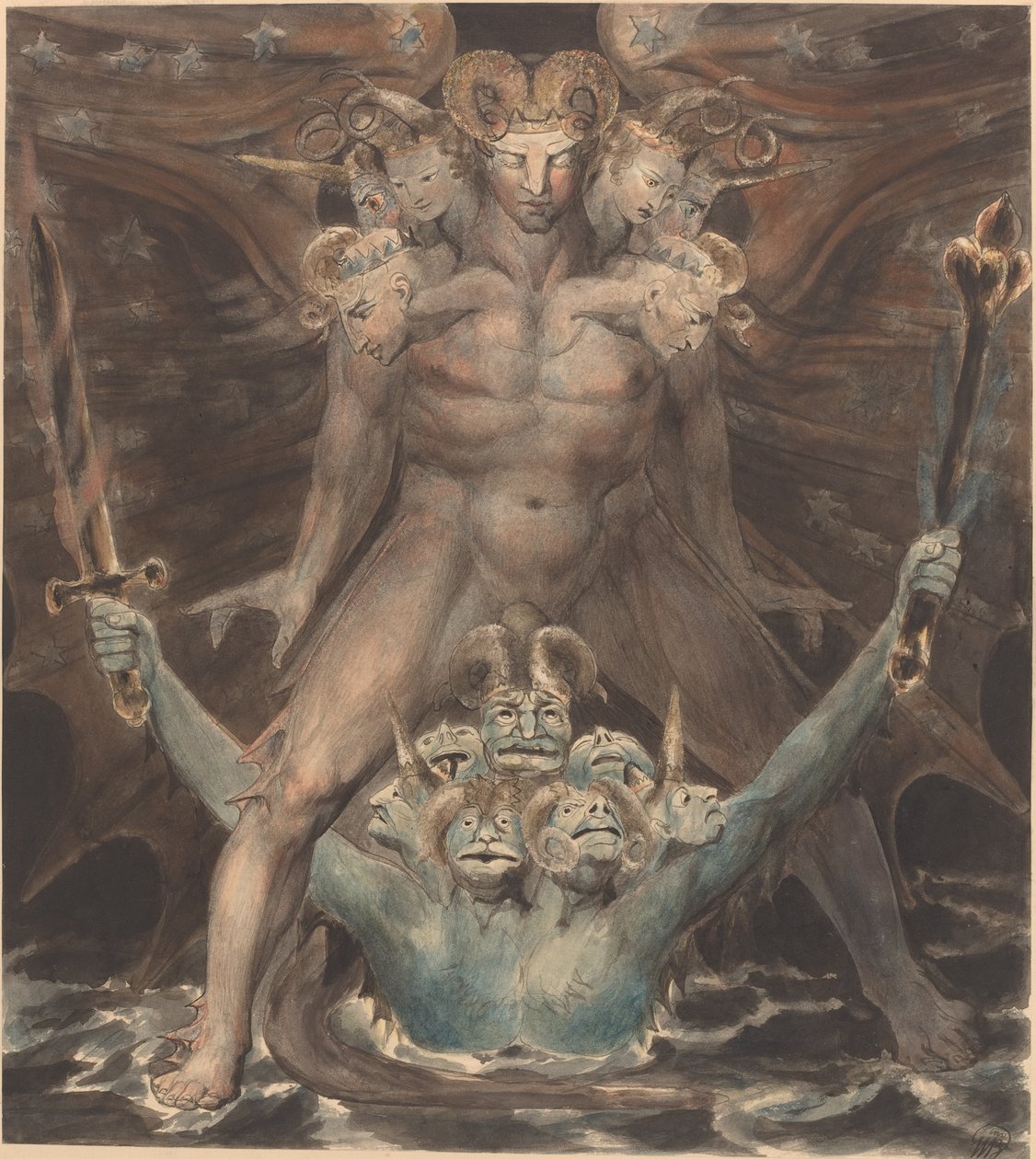 Den store røde drage og udyret fra havet, ca. 1805 (pen og blæk med akvarel over papir) af William Blake