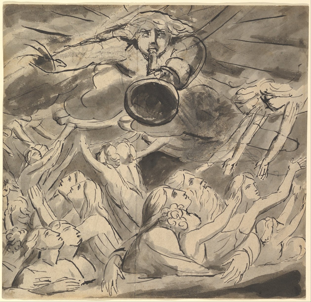 Den sidste trompet (recto); to studier af et højre øje, profilen af en ung mand med åben mund, hovedet af en ørn og hovedet af en løve (verso) af William Blake