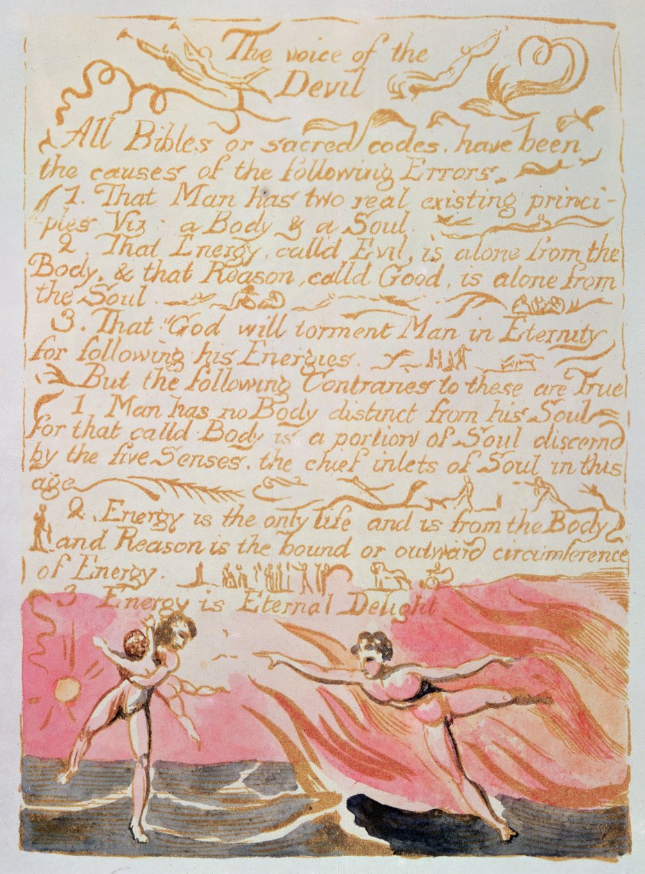 Ægteskabet mellem himmel og helvede; The Voice of the Devil, ca. 1790 (relief ætsning tonet med akvarel) af William Blake