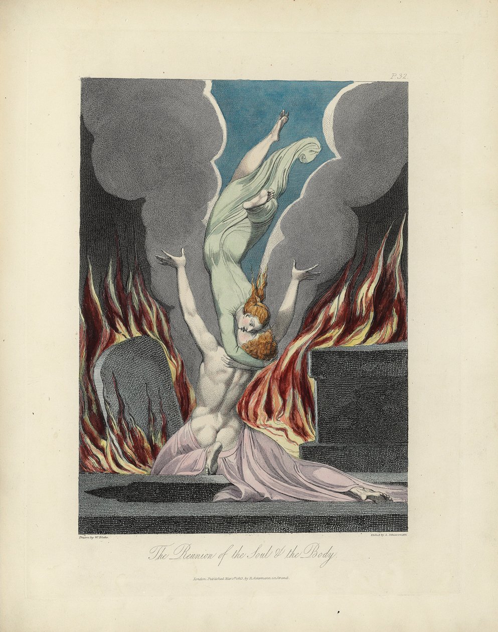 Genforeningen af sjælen og kroppen, illustration fra "The Grave" af Robert Blair, indgraveret af Louis Schiavonetti af William Blake