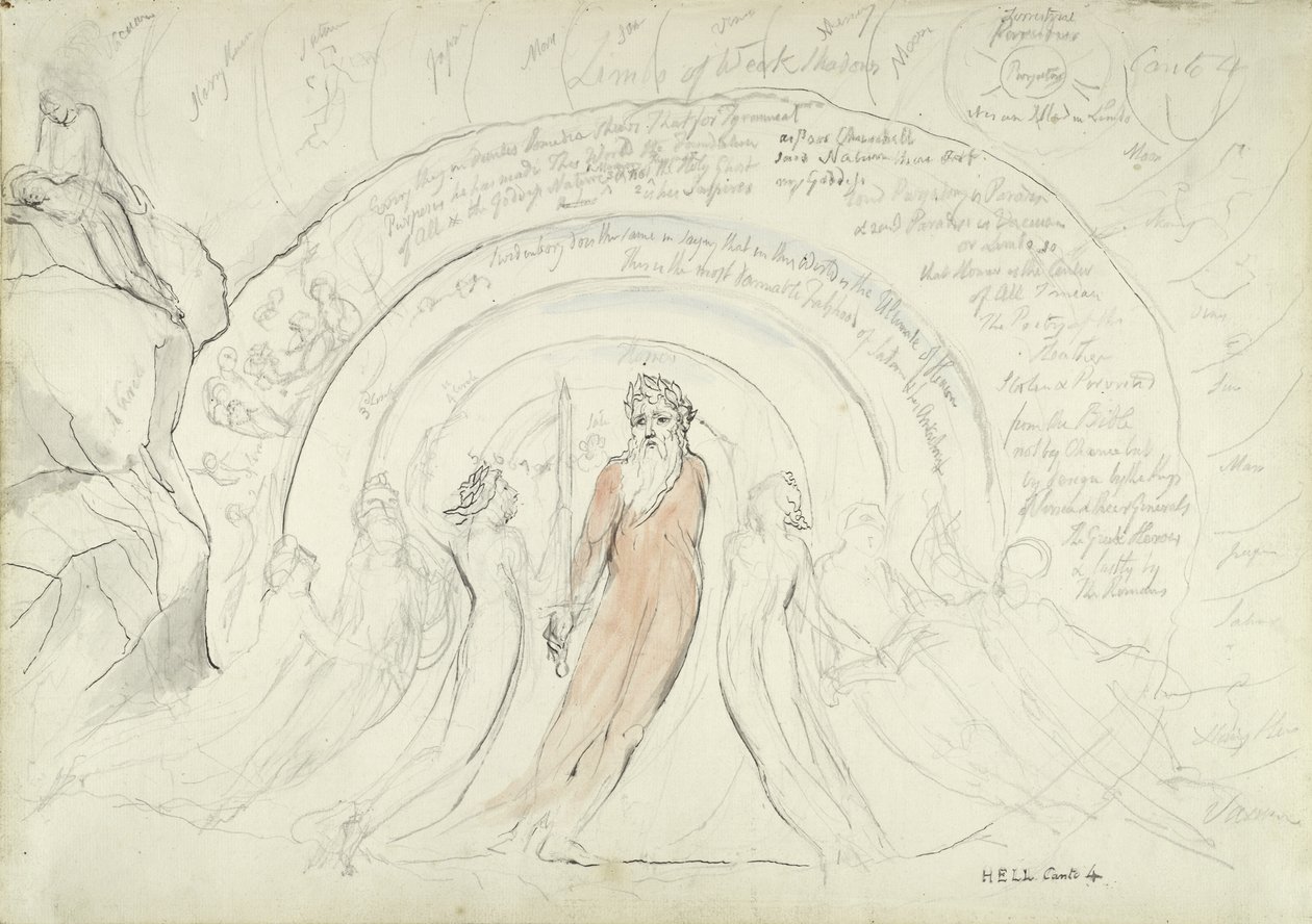 The Shades of Homer and other Poets of Antiquity, illustration til den guddommelige komedie af Dante Alighieri, 1824-27 (pen & blæk med wc over blyant og kridt på papir) af William Blake