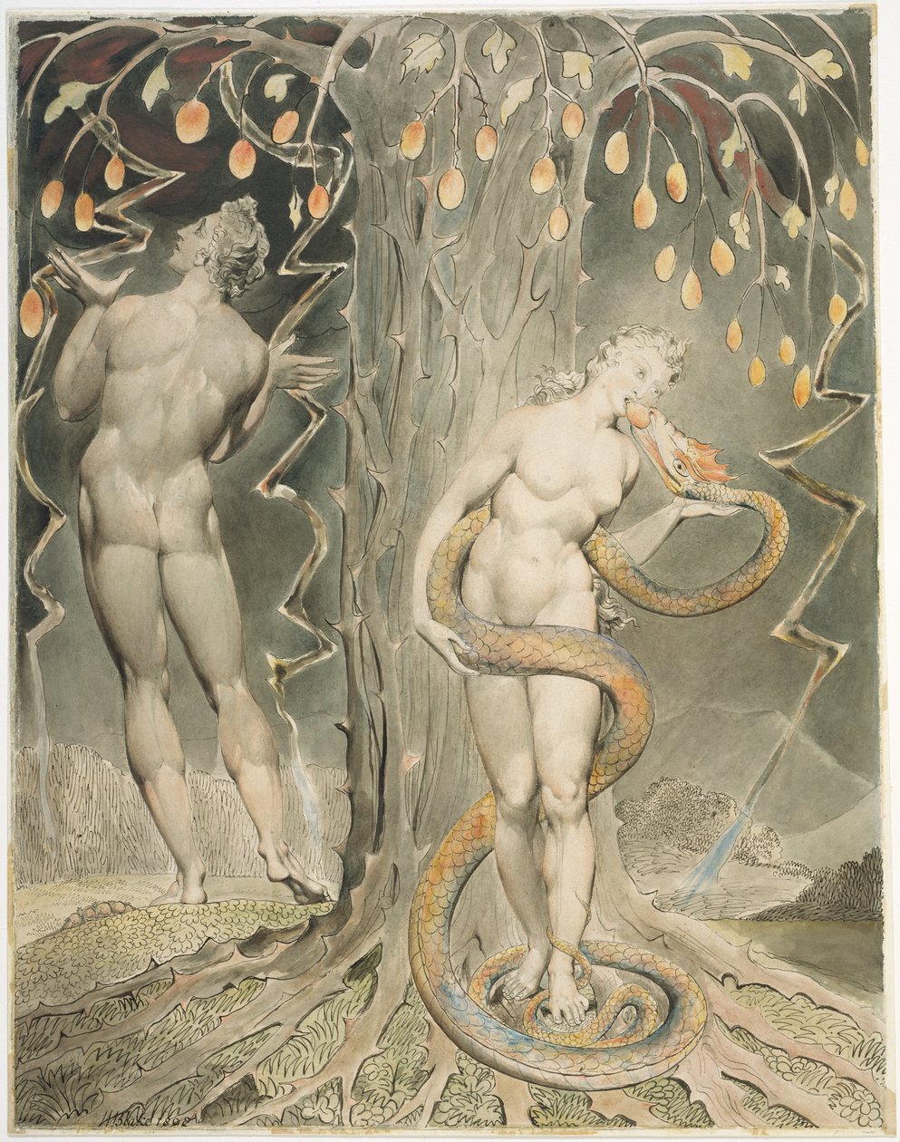 Evas fristelse og fald (illustration til Miltons »Paradise Lost«) af William Blake