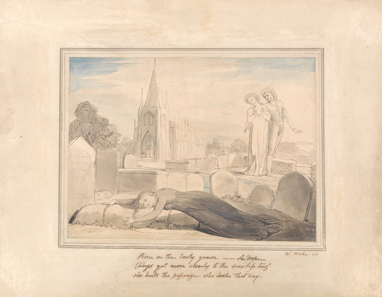 Enken omfavner sin mands grav af William Blake