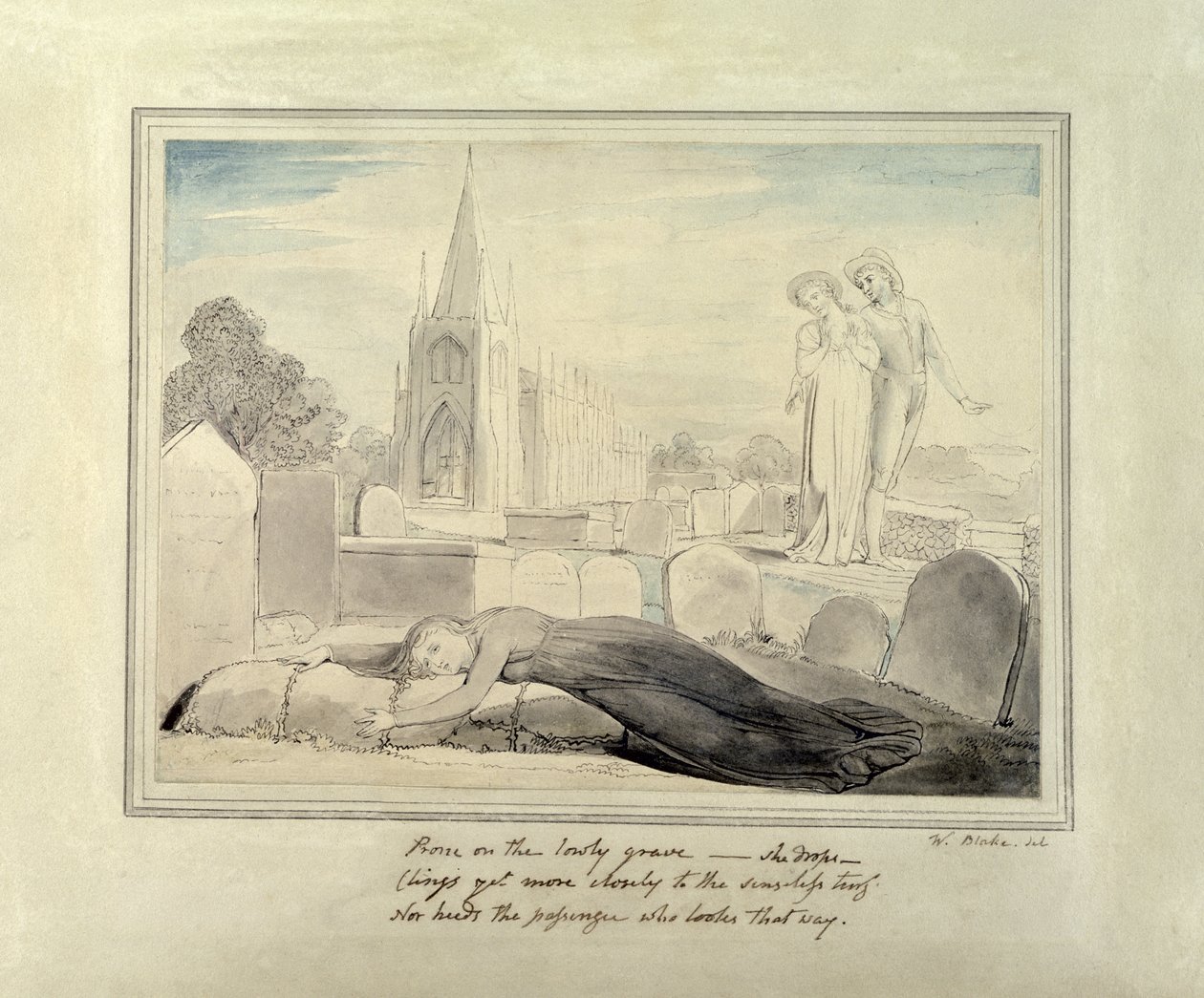 Enken, der omfavner sin mands grav (pen og pensel og sort blæk og wc på papir) af William Blake