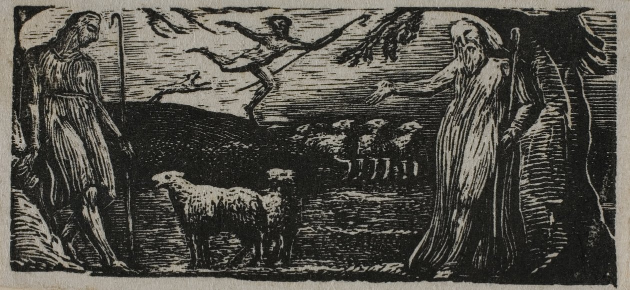 Thenot remonstrerer med Colinet, Lightfoot i baggrunden, fra The Pastorals of Virgil af William Blake