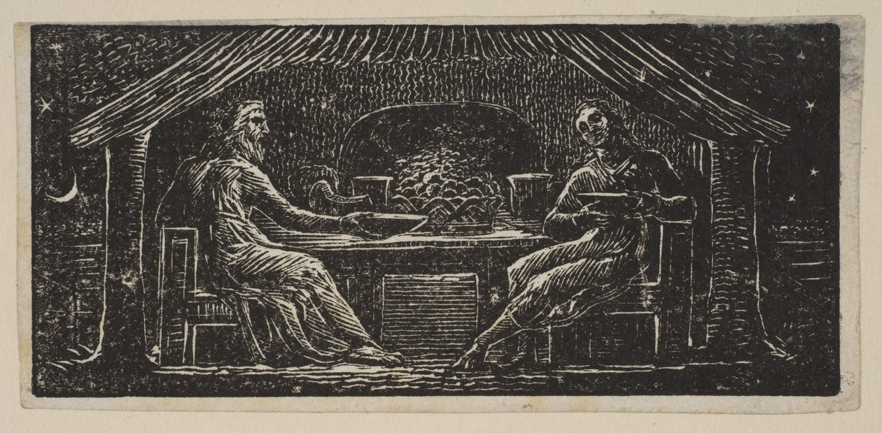 Thenot og Colinet spiser deres aftenmåltid, fra Thorntons Pastorals of Virgil, 1821. af William Blake