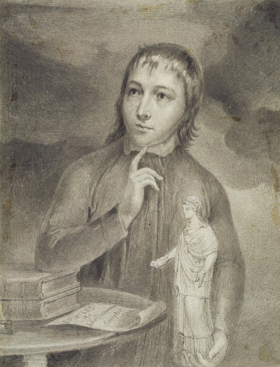 Thomas Alphonso Hayley, Half-Length Drawing, ca. 1800 (grafit med grå b/c på papir) af William Blake