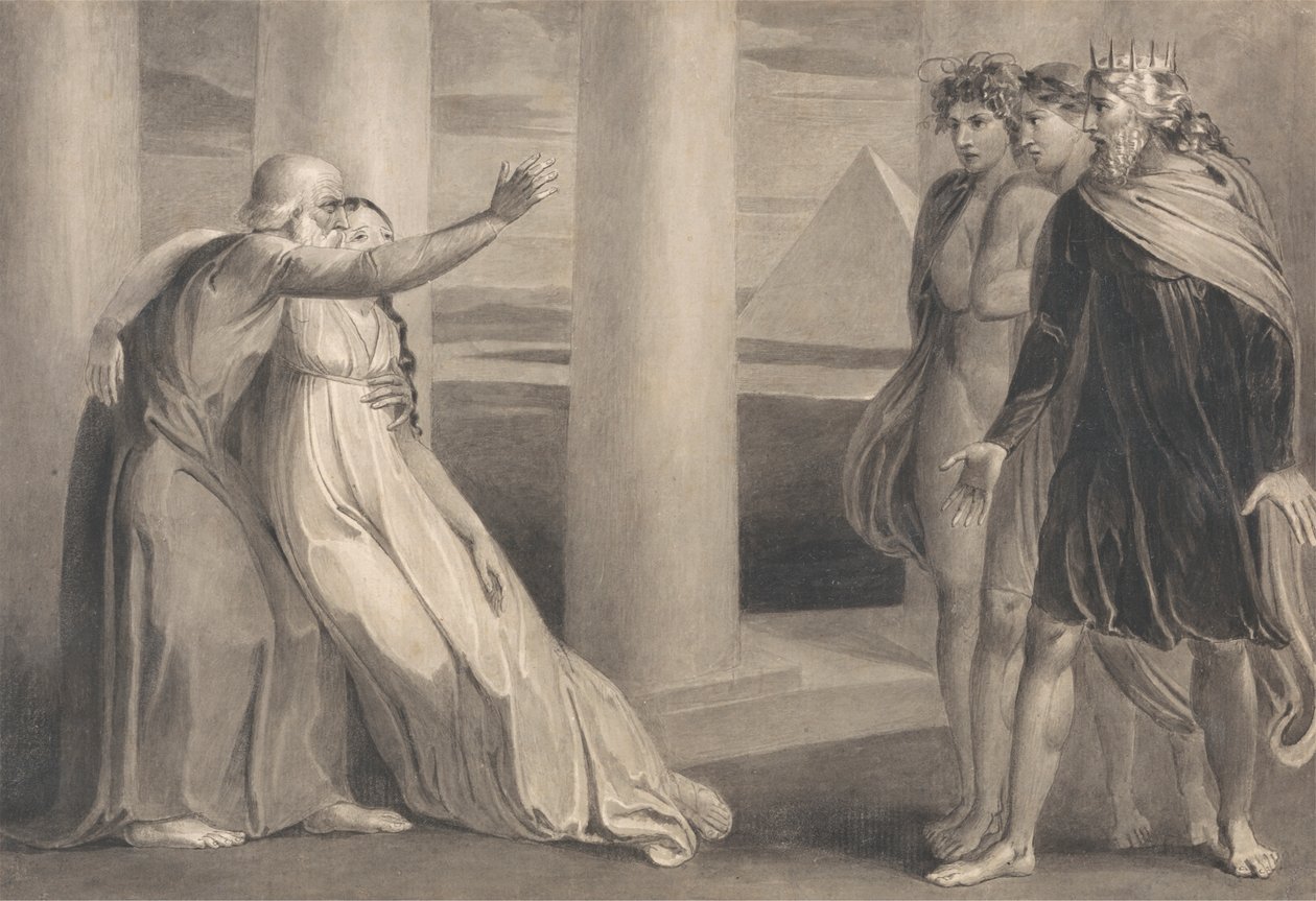 Tiriel støtter den døende Myratana og forbander hans sønner af William Blake