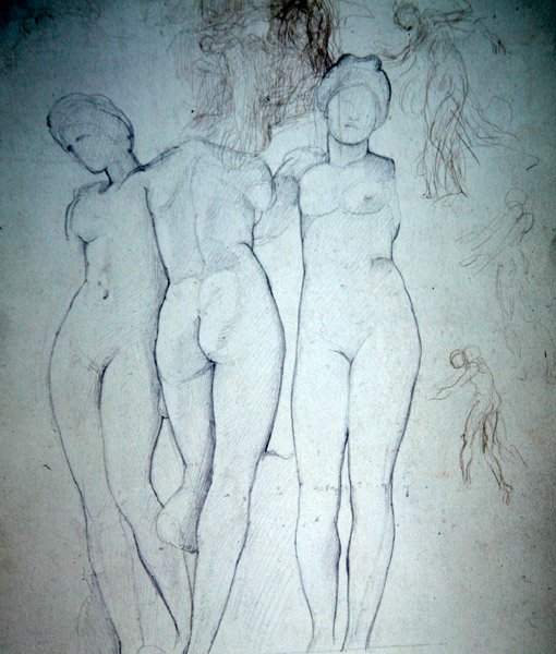Tre nøgne (blyant på papir) af William Blake Richmond
