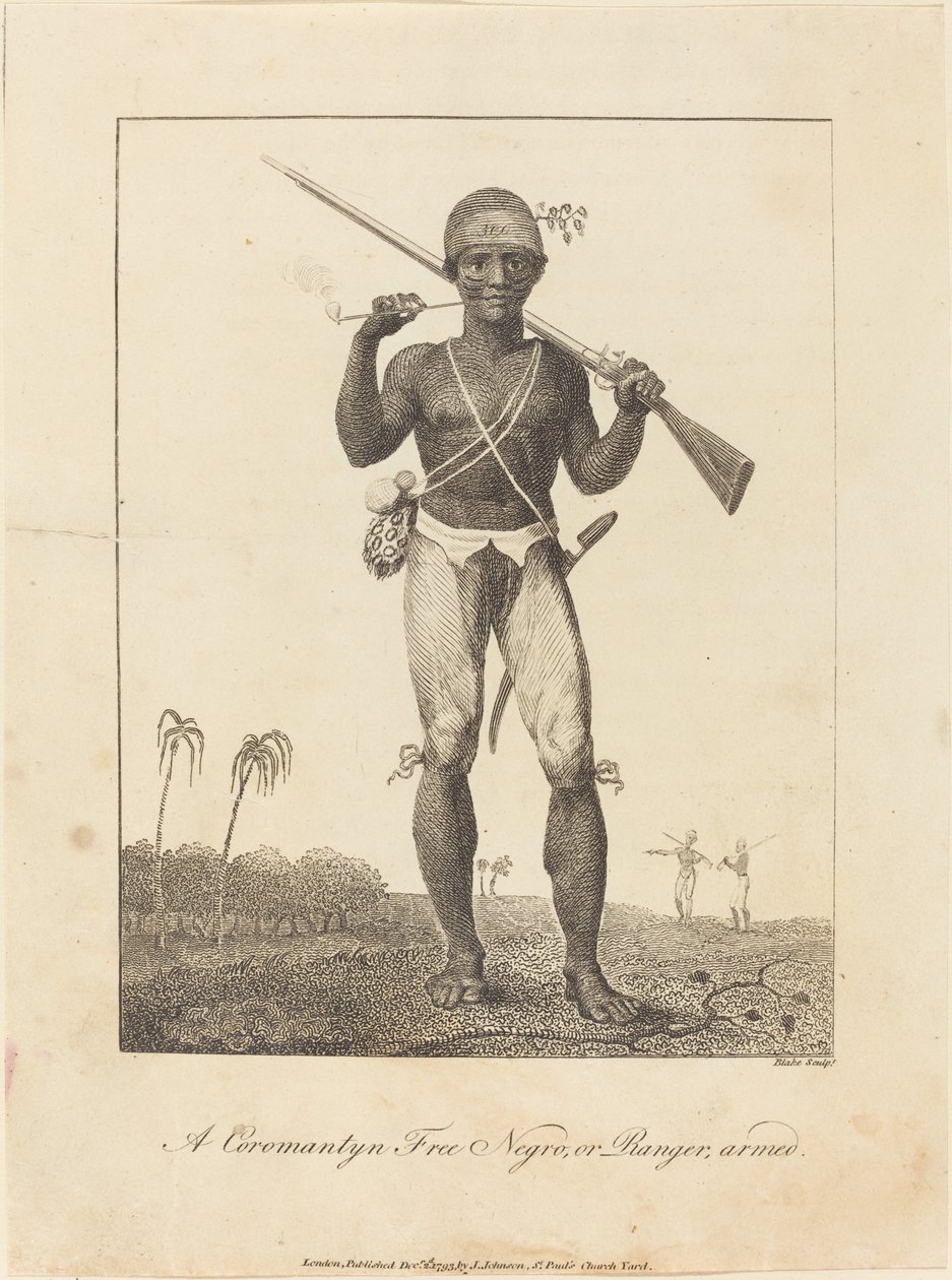 En Coromantyn Free Negro, eller Ranger, bevæbnet af William Blake after John Gabriel Stedman