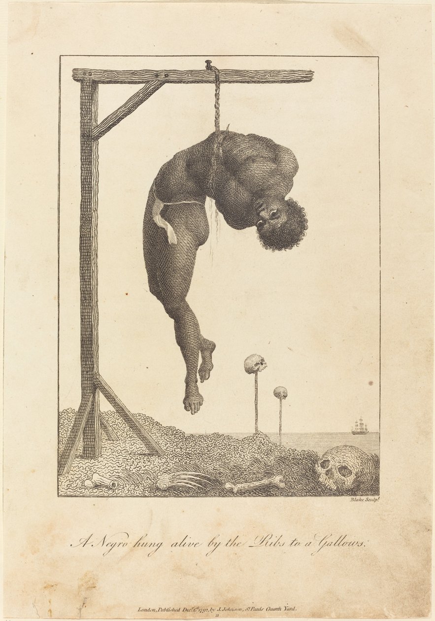 En neger hængt levende ved ribbenene til en galge af William Blake after John Gabriel Stedman