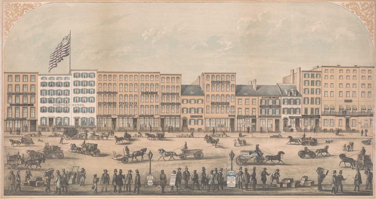 Udsigt over Park Place, New York, fra Broadway til Church Street, North Side, A.D. 1854, af William Boell
