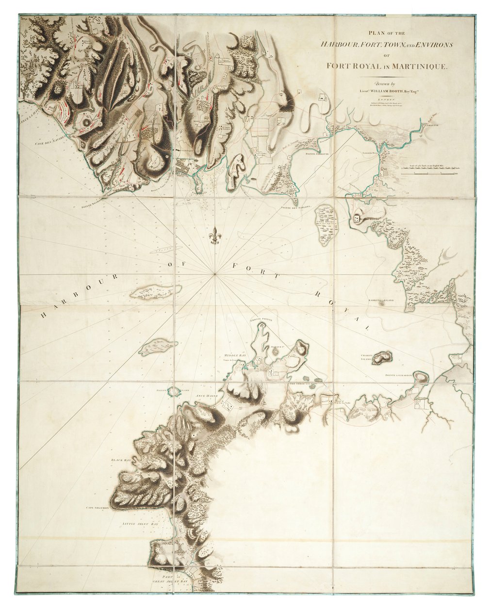 Plan over havnen, fortet, byen og omgivelserne i Fort Royal på Martinique af William Booth