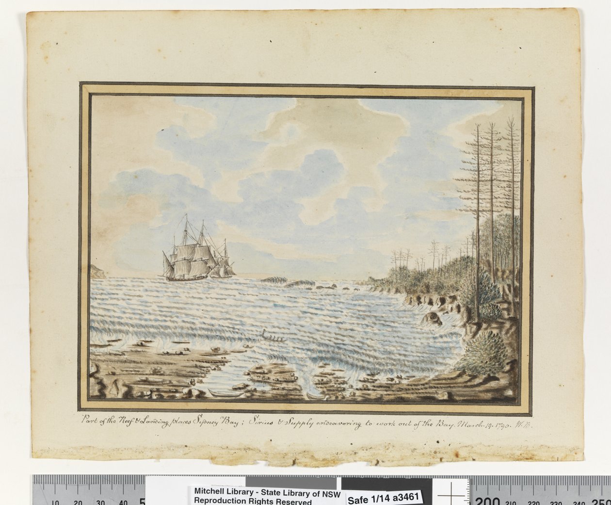 Op. s. 194. `En del af Reef & Landing steder Sydney Bay; Sirius & Supply bestræber sig på at arbejde ud af bugten. 19. marts 1790