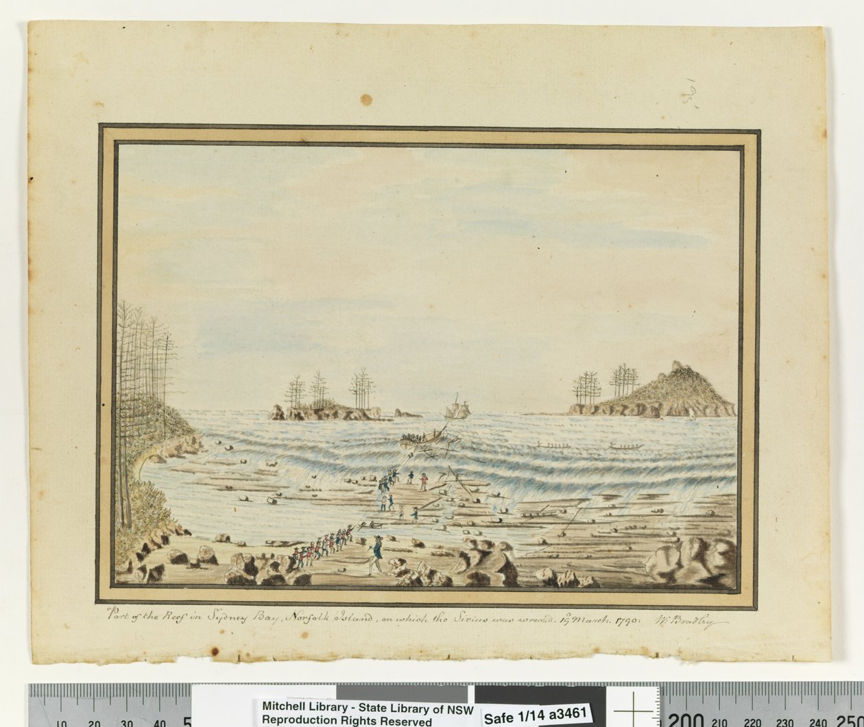 Op. s. 195. `En del af revet i Sydney Bay, Norfolk Island, hvor Sirius blev vraget. 19. marts 1790.