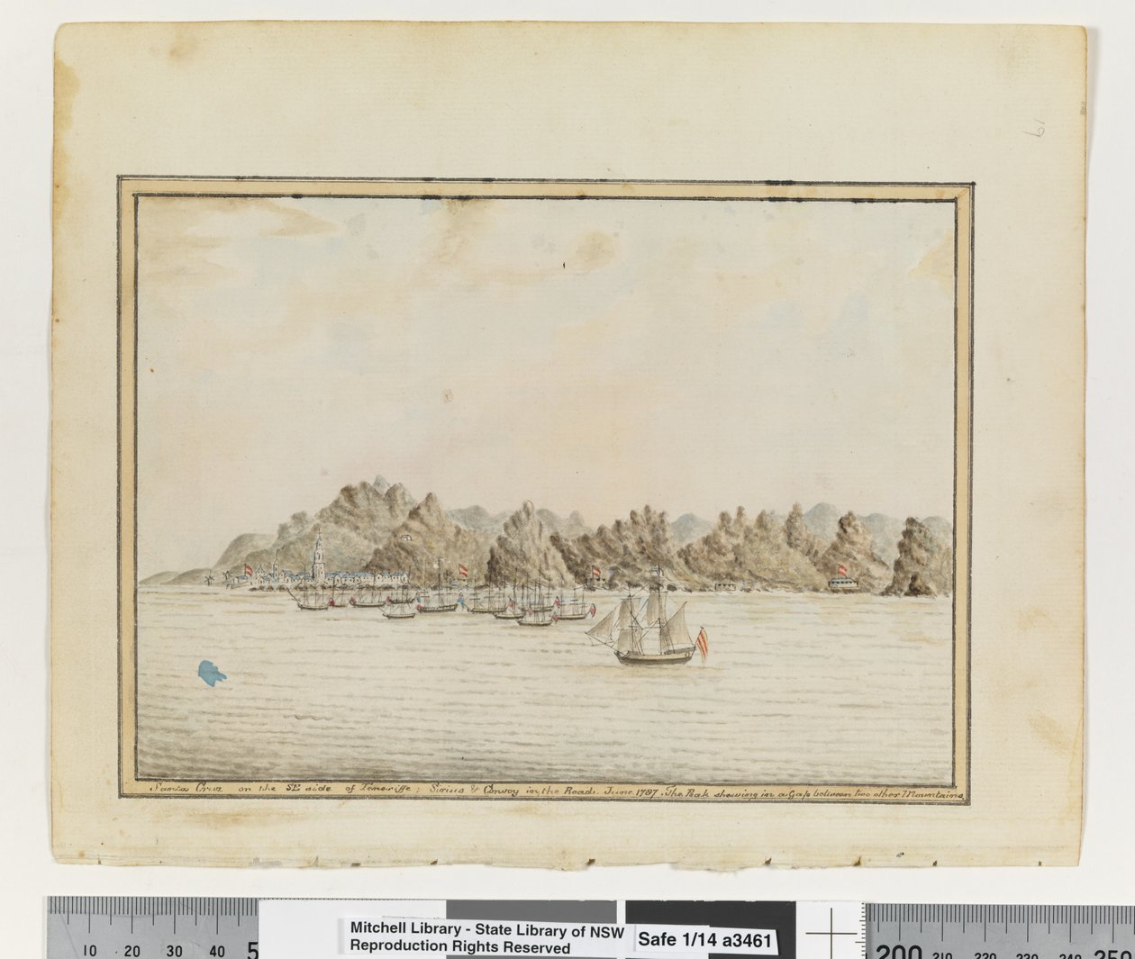 Op. s. 19. `Santa Cruz på den sydlige side af Teneriffe; Sirius og konvoj på vejene. Juni 1787. The Peak Shewing in a Gap between two other Mountains