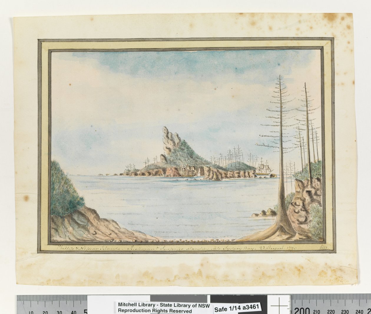 Op. s. 211. `Phillip & Nepean Islands. Justinian & Surprise stående i Sydney Bay. 23. august 1790